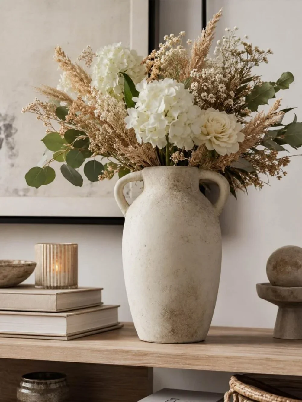 Rustic 9.8-Inch Beige Ceramic Vase with Handles - Farmhouse Decor Accent
